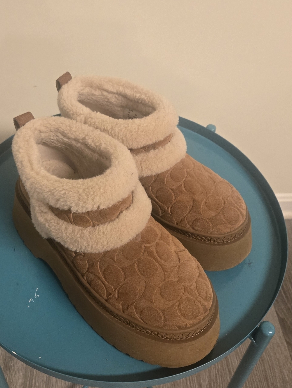 Coach Suede Shearling Platform Slip-On Shoes Tan Color, Used